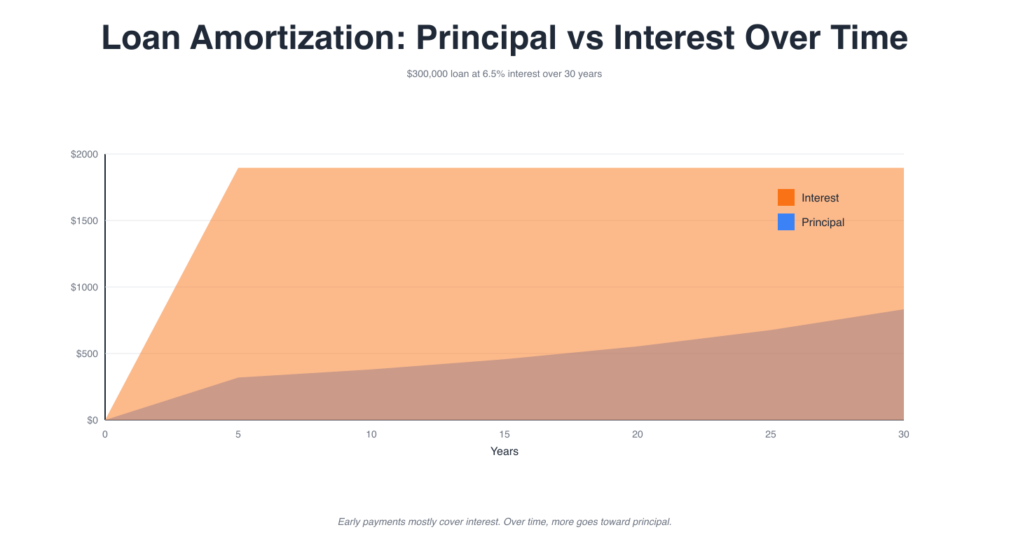 Loan amortization schedule chart showing principal and interest payments over time